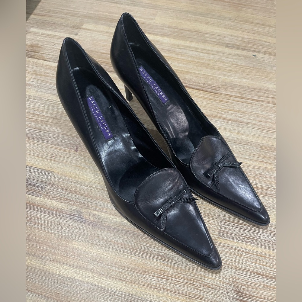 RL purple label black heels with bow, black.